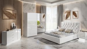 Spálňový set GLAMOUR Biely vysoký lesk, skriňa 224 cm, posteľ 160x200 Madrid 920, chrómové úchytky
