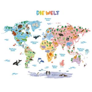 Wandsticker Weltkarte bunt deutsch