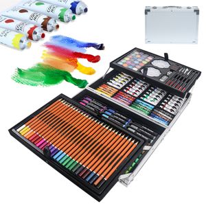 LZQ 145tlg Malset mit Aluminum-Box inkl. Aquarellstifte Bunt Bleistifte Ölpastellkreiden Farbpulver Pigment Anspitzer Zeichensets Künstler-Set