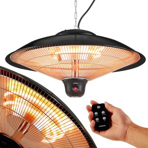 AREBOS Deckenheizstrahler 2000 W + Fernbedienung, 3 Heizstufen,  Infrarotheizstrahler, Terrassenheizer, rund + LED-Lampe, Schwarz