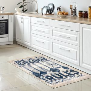 Küchenläufer Teppich waschbar mit Kochutensilien und Schriftzug Größe - 80 x 200 cm