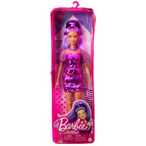 Barbie Fashionistas-Puppe, zierlich, lange, violette Haare und violettes Metallic-Kleid, Dekolleté und Ärmel aus hauchdünnem Stoff, violette Turnschuhe, für Kinder von 3 bis 8 Jahren