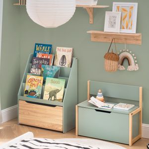 SoBuy KMB94-GR Kinder Sitzbank mit Bücherregal Spielzeugtruhe Spielzeugkiste Aufbewahrungsbox mit Rollen Schuhbank Grün-Natur BHT ca. 64x55x30cm