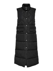 ONLY Damen lange Stepp-Weste OnlStacy Waistcoat wattierte Übergangs-Jacke Kragen, Farbe:Schwarz, Größe:S