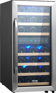VEVOR Weinkühlschrank Getränkekühlschrank mit doppelter Zonen 33 Flaschen, LED-Kühlschrank mit Edelstahltür, Getränkekühlschränke Freistehend, Mini Kühlschrank Minibar mit UV-Schutz, Bars Wohnungen