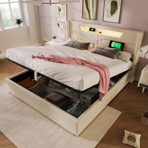 Čalouněná postel Flieks 160x200 s USB a typem C, skříňová pružinová postel s lamelovým roštem, postel pro mládež s LED diodami, hydraulická úložná postel dvojlůžko, povlečení, béžová barva