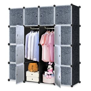XMTECH DIY Regalsystem Kleiderschrank mit Tür Steckregal Kleiderschrank Garderobenschrank aus Kunststoff 16 Boxen, Schwarz