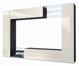 Vladon Wohnwand Mirage,  Germany, Anbauwand mit Rückwand mit 2 Türen, 2 Klappen und 6 offenen Glasablagen, Schwarz matt/Creme Hochglanz (262 x 183 x 39 cm)