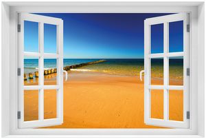 Wallario Premium Glasbild mit Fensterrahmen, freischwebende Optik, kräftige Farben, Größe 60 x 90 cm Motiv Sandstrand in orange - Blaues Meer - Blauer Himmel