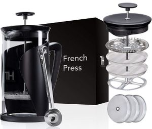 Thiru French Press l Kaffeebereiter mit 4D Filtersystem l Edelstahl & Glas 1L