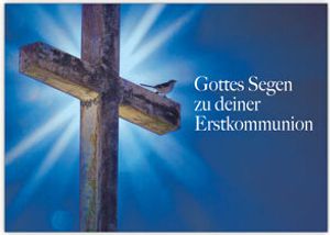 Moderne Glückwunschkarte zur Kommunion mit Vögelchen und Kreuz "Gottes Segen zu deiner Erstkommunion"
