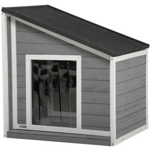 PawHut drevená búda pre psa, búda pre psa s otváracou asfaltovou strechou a dverovou zástenou, vonkajšia búda pre psa, búda pre malé zvieratá, vonkajšia, odolná voči poveternostným vplyvom, sivá, 71 x 58 x 53/77 cm