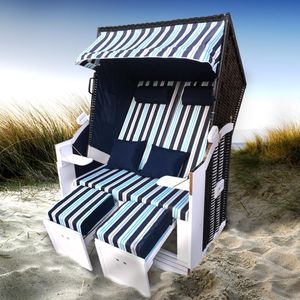 BRAST Strandkorb Sylt 2-Sitzer für 2 Personen 115cm breit blau hellblau weiß gestreift extra Fußkissen incl. Abdeckhaube Gartenliege Sonneninsel Poly-Rattan