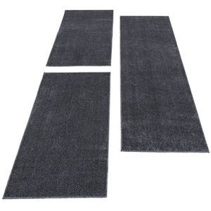 Bettumrandung Kurzflor Teppich 3 teilig Uni Läuferset Einfarbig Grau, Farbe:Grau, Bettset:2 mal 80x150 + 1 mal 80x250