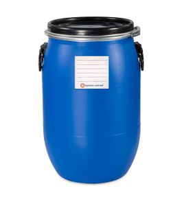 kanister-vertrieb® 60 Liter Deckelfass, Kunststofffass, Futtertonne, Fass, Weithalsfass Farbe blau inkl. Etikett (60 D)