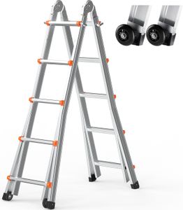 SucceBuy 19-stopowa drabina teleskopowa A-frame, kompaktowe aluminiowe przedłużenie, wielofunkcyjna składana drabina do domu, schodów, wewnątrz / na zewnątrz, nośność 330 funtów, srebrna