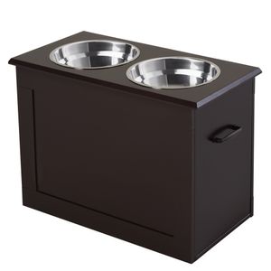 PawHut Hunde Fressnapf mit Staumraum 2 Näpfen Futterstation Edelstahlnapf Katzenapf MDF Edelstahl Espresso 60 x 30 x 41 cm