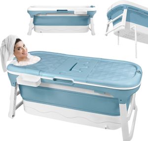 YUENFONG Faltbare Badewanne XXL 128 x 62 x 52 cm, Ideal für Badezimmer, Dusche und Balkon, Mit Abdeckung & Massagerollen, Seifenkorb, dicker Kunststoff tragbare Wanne - Blau