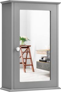 COSTWAY Spiegelschrank Bad, 2-stöckiger Hängeschrank mit Spiegel, Wandschrank Badezimmerspiegel aus Holz mit 3-stufig Verstellbarer Ablage & Tür, 34 x 15 x 53cm (Grau)