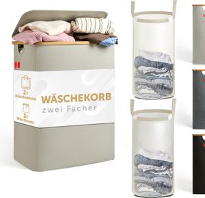 Blumtal Wäschesammler 140 L - Wäschekorb 2 Fächer mit herausnehmbaren Wäschesäcken - Pfandflaschen Aufbewahrung - Wäschekorb beige - Wäschekorb schmal