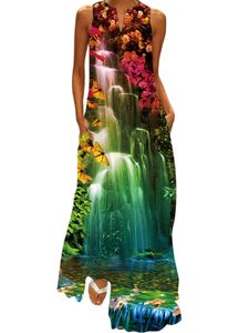 Damen Sommerkleid Boho Langes Kleid Ärmelloses Maxikleid Strandkleider mit Taschen Stil-e,Größe S