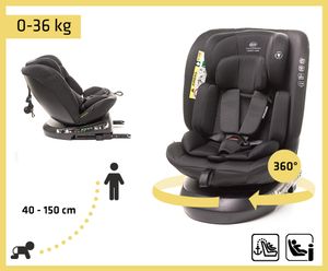 4BABY Kindersitz drehbar 360 ISOFIX Matt-Fix I-SIZE verstellbare Kopfstütze Sitz 0-36kg, 40-150 cm  Schwarz