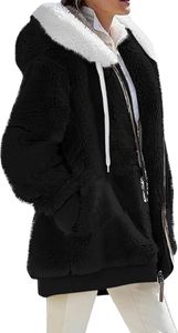 Wintermäntel für Damen, flauschige Fleecejacke mit Kapuze, Farbblock-Patchwork-Strickjacke, Mantel, Oberbekleidung mit Tasche, Größe L