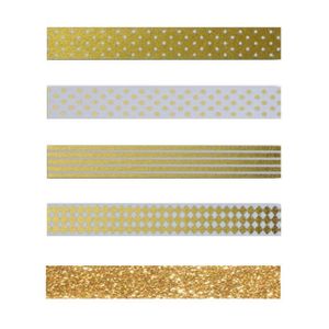 4 Washi Tapes mit Weißem & Goldenem Muster + Golden glitter band 5 m