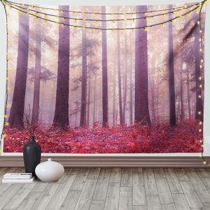 ABAKUHAUS Wald Wandteppich, Nebeliges Sonnenlicht der Bäume, Wohnzimmer Schlafzimmer Heim Seidiges Satin Wandteppich, 200 x 150 cm, Dunkle Koralle Lila