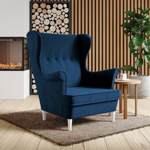 Ohrensessel Falco II Sessel mit Knöpfe stilvoll Polstersessel für Wohnzimmer, Stoff: kronos 09 - marineblau, Beinefarbe: Weiß