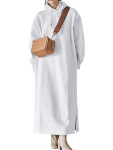 Damen Sweatshirt Kleid Feiertagseite Schlitz Maxi Kleid Einfach Fleece Gefüttertes Pullover Hoodie, Farbe: Weiß, Größe: S