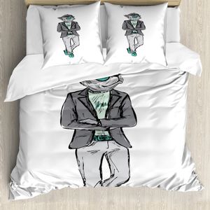 ABAKUHAUS Hipster Bettbezug Set für Einzelbetten, Moderne Bohemian Bulldog Art, Milbensicher Allergiker geeignet mit Kissenbezug, 155 cm x 220 cm - 80 x 80 cm, Grau Mint Green