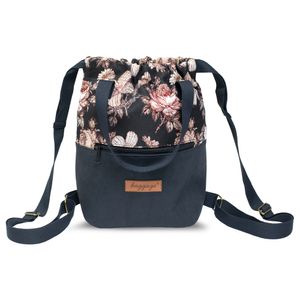 Beuteltasche Damen Rucksackhandtasche 2 in 1 - Rucksack Beutel Tasche Handtasche Rucksacktasche Taschenrucksack Handtaschenrucksack Schwarz mit Blumen
