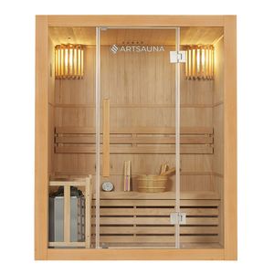 Artsauna Saunakabine Tampere mit Harvia Ofen – 2 Personen – Hemlock Holz, große Glasfront und LED Licht – Inkl. Thermometer & Sanduhr – Komplett Set