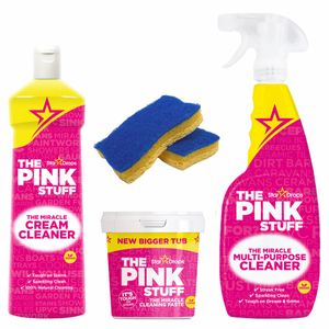 Clevery Box mit The Pink Stuff Reinigungsmittel Set - Die Wunder-Reinigungspaste 850g, das Mehrzweckspray 500ml, der Cremereiniger 500ml und 2x Cleverry Schwamm Geschenk