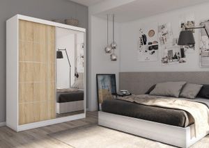 Moderner Kleiderschrank Schwebetürenschrank mit Spiegel 120 150 180 200 cm - Eiche Sonoma Kleiderschrank für Schlafzimmer mit Schiebetüren - Kleiderstange - 160 cm - Eiche Sonoma