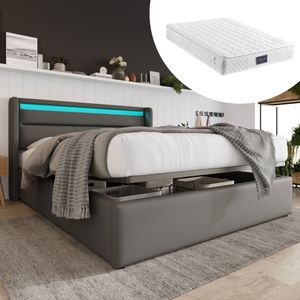 Sweiko Boxspringbett Polsterbett Doppelbett mit LED-Beleuchtung Stauraumbett 140x200cm Grau (mit Matratze)