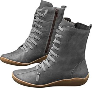 ASKSA Damen Stiefeletten Schnürstiefel Flach Halbschaft Winterstiefel Ankle Cowboy Boots, Grau, Größe: 40