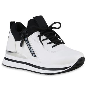 VAN HILL Damen Plateau Sneaker Zipper Schnürer Prints Profil-Sohle Schuhe 840982, Farbe: Weiß, Größe: 40