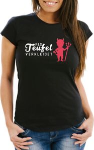 Damen T-Shirt Verkleidet als Teufel Kostüm Fasching Fastnacht Karneval Slim Fit Moonworks® schwarz XL
