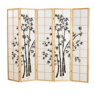 Homestyle4u 313, Paravent Raumteiler 5 teilig, Holz Natur, Reispapier Weiß Motiv Bambus, Höhe 179 cm