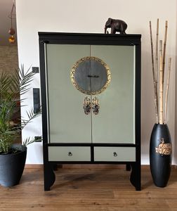 Opium Outlet chińska szafa ślubna azjatycka szafa azjatycka komoda meble styl vintage shabby chic orientalne wykonane z drewna czarno-oliwkowy