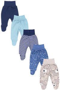 TupTam Baby Unisex Hose mit Fuß Bunte 5er Pack, Farbe: Dunkelblau Grün Dino Jeansblau Streifen Grau, Größe: 56