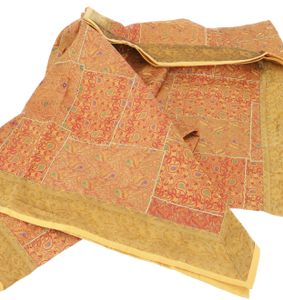Orientalische Patchwork Brokatdecke, Indische Tagesdecke - Goldgelb, Viskose, 270*220*0,5 cm, Patchwork Steppdecke aus Indien