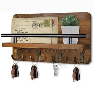 Schlüsselbrett Holz mit Ablage, Schlüsselhalter mit Metall Haken,Schlüsselkasten, Schlüsselablage Wand, Schlüsselboard Holz
