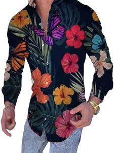 Männer Blumendruck Hemden Urlaub Langarm Tops Slim Fit Butterfly Bedrucktes Tunika Hemd