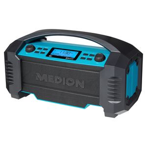 MEDION E66050 DAB+ Baustellenradio (Integrierter Akku, IP54 Schutz gegen Spritzwasser & Staub, USB-Ladefunktion, Bluetooth 5.0, PLL UKW Radio, Akku- oder Netzbetrieb) blau