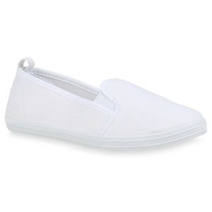Mytrendshoe Damen Slipper Slip On Flats Bequeme Canvas Schuhe Stoff Sneaker 834207, Farbe: Weiß, Größe: 36