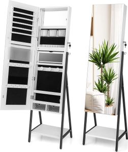 COSTWAY Schmuckschrank mit Spiegel, Schmuck Spiegelschrank mit 3-farbigen LED Beleuchtung, abschließbar, Extra Ablage, 41,5 x 37 x 157 cm (Weiß)