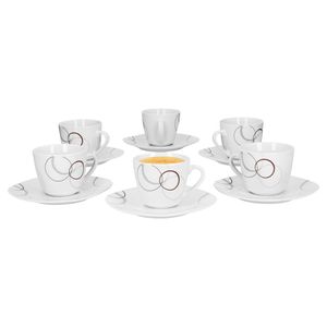 6er Set Kaffeetasse 20cl und Kaffeeuntertasse 14,5cm Palazzo - aus weißem Porzellan mit Dekor-Kreisen in grau und dunkelrot